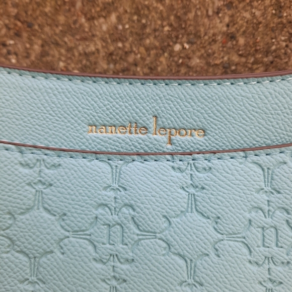 NWOT Nanette Lepore Barri Baguette Baby Blue Embossed Logo Faux Leather Mini Bag - Picture 8 of 14